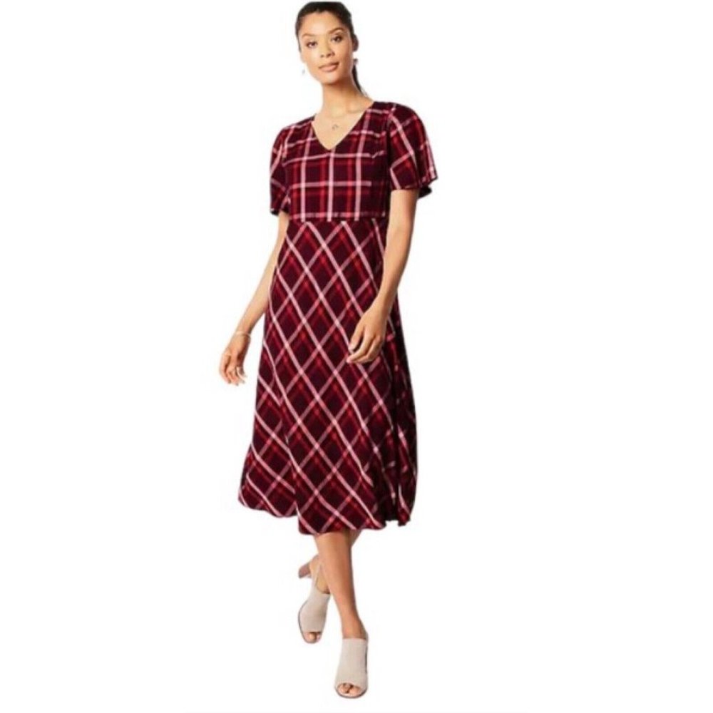 NWT J JILL Burgundy Plaid Midi Dress with Flutter Sleeves